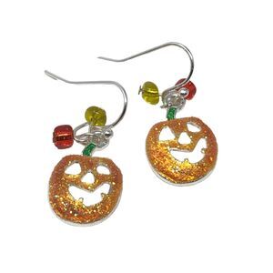 Halloween Pumpkin Dangle Drop Earrings Sparkle Orange Jewelry